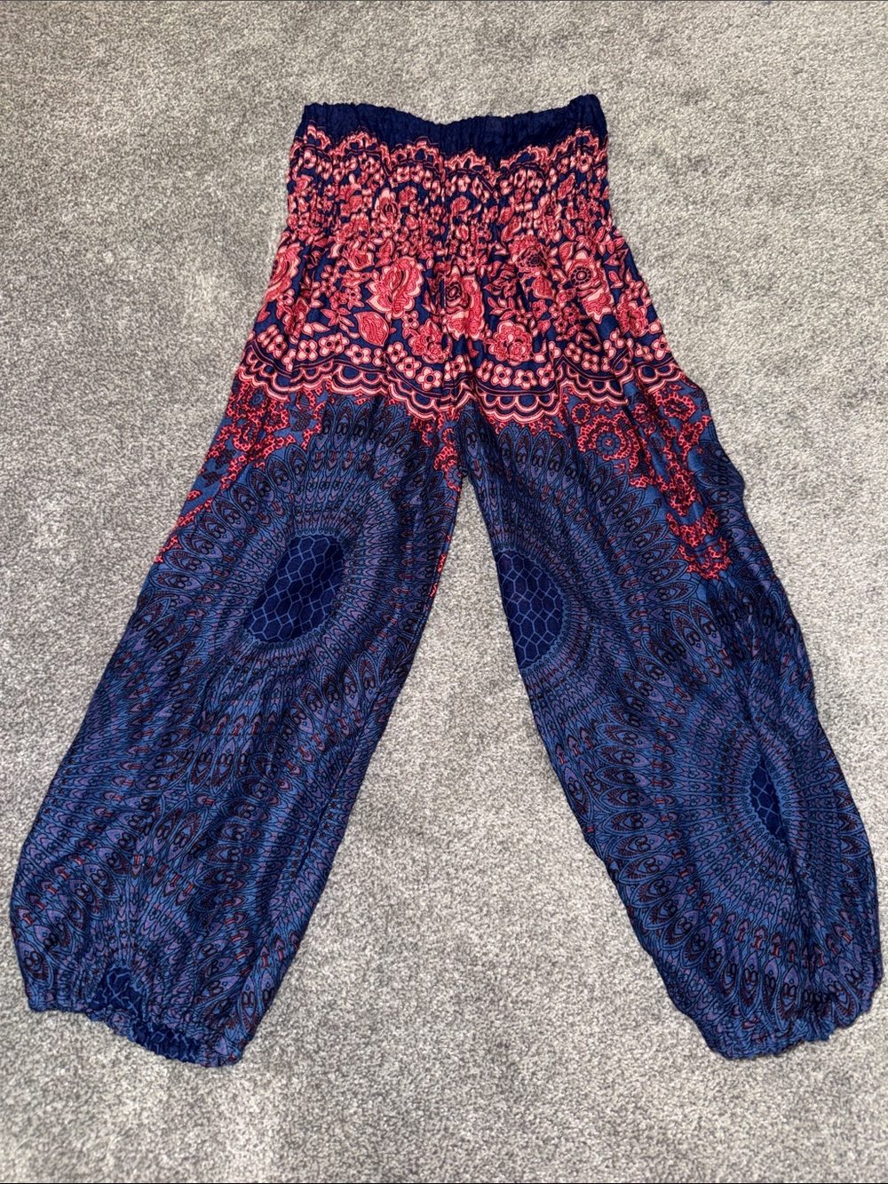 Kids Navy & Coral Printed Smocked Waist Harem Pants